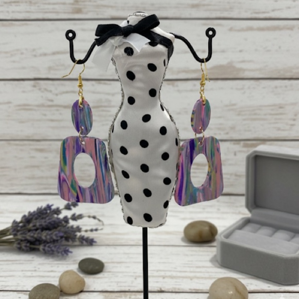 Handmade Geometric Dangle Earrings –Bold, Artsy, Handmade Polymer Clay Host Pick - Picture 11 of 15